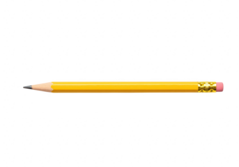 A single yellow pencil with a pink eraser and gold ferrule, isolated on a transparent background, ready for writing or drawing