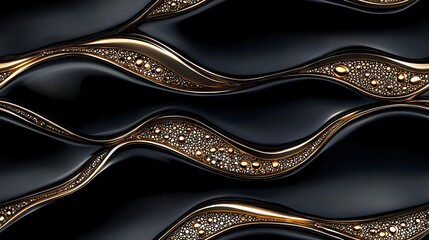 Elegant wavy pattern with black matte and metallic copper stripes adorned with sparkling glitter texture creates luxurious abstract background design.