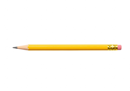 A single yellow pencil with a pink eraser and gold ferrule, isolated on a transparent background, ready for writing or drawing
