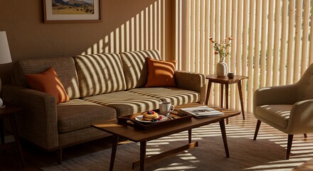 Fototapeta premium mid century living room with a breakfast tray on the coffee table
