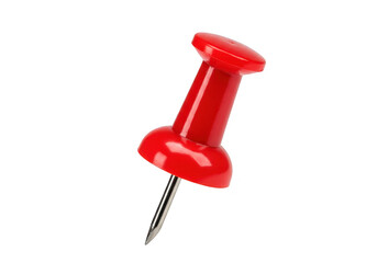 A single red push pin with a sharp metal point, isolated on a transparent background, representing office supplies and stationery