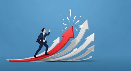 Obraz premium Business Man Climbing Upward Arrows Showing Growth and Success