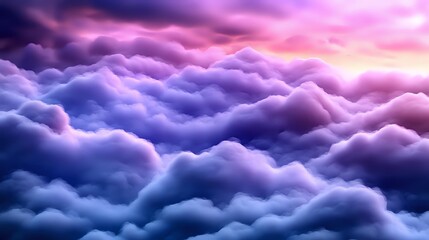 Dramatic purple and pink clouds at sunset create ethereal cloudscape with vibrant colors and dreamy atmosphere. Aerial view above fluffy cumulus formations in magical light.