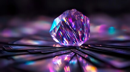 Sparkling crystal prism reflecting vibrant purple and turquoise light rays on dark reflective surface with geometric patterns, creating magical rainbow effects.
