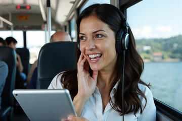 Smiling woman enjoys her commute on a ferry or bus, listening to music on headphones with a tablet while looking out the window at the water and scenery