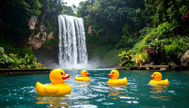 Rubber ducks in a waterfall pool