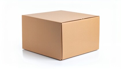 A simple brown cardboard box isolated on a clean white background with a subtle reflection