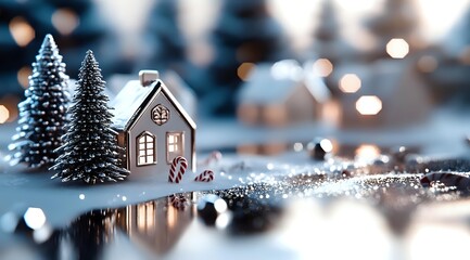 Fototapeta premium Miniature winter scene with glowing house and snow-covered pine trees against blurred bokeh lights background, creating magical holiday atmosphere.