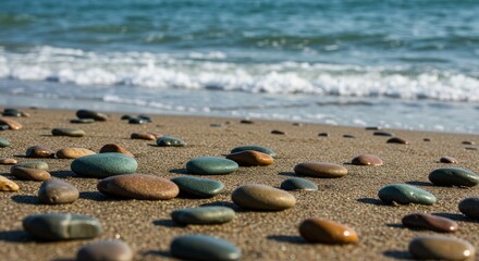 Close up of smooth, colorful stones scattered on a sandy beach, with blurred ocean waves in the background, all illuminated by sunlight.