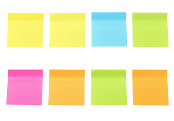 Collection of eight colorful sticky notes isolated on transparent background, perfect for reminders and notes