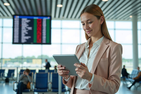 Young professional businesswoman uses a digital tablet while waiting in a modern airport terminal with a flight information display board in the background
