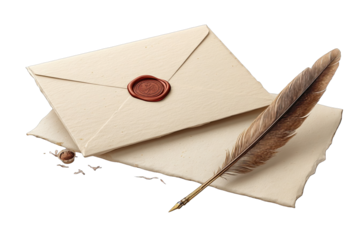 Two antique-style envelopes, a wax seal, and quill pen rest on a surface