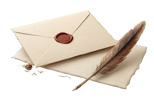 Two antique-style envelopes, a wax seal, and quill pen rest on a surface