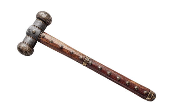 Ornate, antique hammer with wooden handle