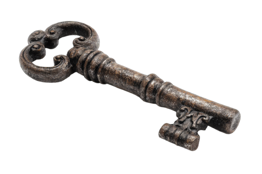 Ornate antique key, aged copper-toned metal, detailed carvings