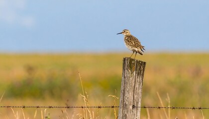 Solitary shorebird perched atop weathered fence post in grassy field under clear sky