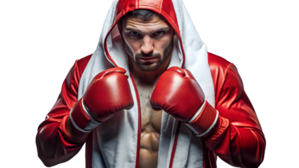 Intense boxer in red robe and gloves isolated on transparent background, showcasing power, strength, and determination in a studio portrait