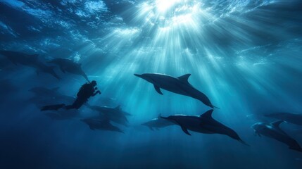 Obraz premium Underwater exploration with dolphins in sunlit ocean depths