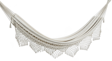 Photo of comfortable beige hammock with decorative tassels on white