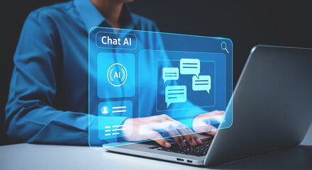 Person typing on a laptop with a chat ai interface overlayed in a blue futuristic design