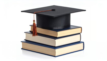 Graduation cap and books stacked on a white background symbolizing education and achievement