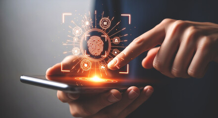 Person using fingerprint scan on smartphone with glowing interface and digital icons around it