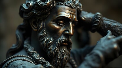 Detailed bronze statue of a pensive ancient god with a flowing beard and curly hair.