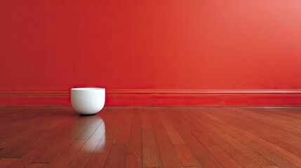 Empty room with red wall and wooden floor.