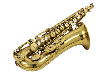 Golden brass saxophone isolated on transparent background, a musical instrument commonly used in jazz, blues, and classical music