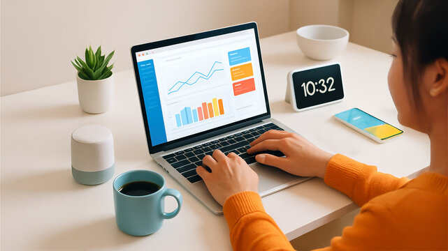 Woman using laptop with stock market chart on screen at home office. Close up top view of typing hands, cup of coffee or tea, clock and small potted plant on the white desk. - Powered by Adobe