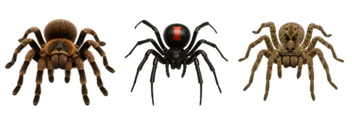 set of spiders on a transparent background. tarantula on a transparent background. black house on a transparent background. wolf spider on a transparent background