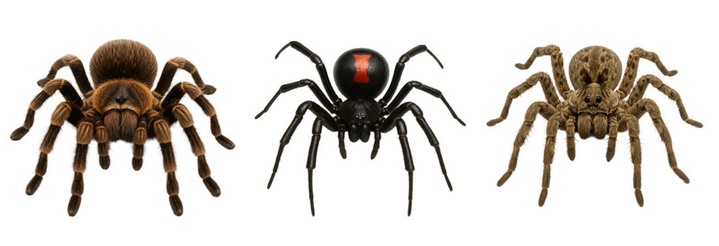 set of spiders on a transparent background. tarantula on a transparent background. black house on a transparent background. wolf spider on a transparent background