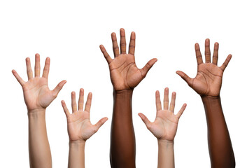Diverse group of people raising their hands in the air, isolated on transparent background