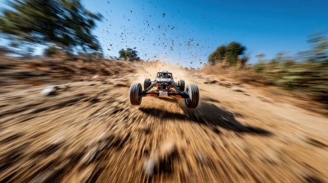 High-speed remote control car racing on dirt terrain