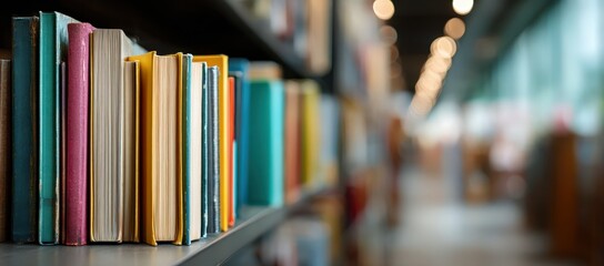 A neat stack of various books resting on top of a bookshelf in a library