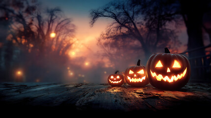 Misty Halloween Ambiance: Wide-Angle View of Glowing Pumpkins in Dusk Forest Setting