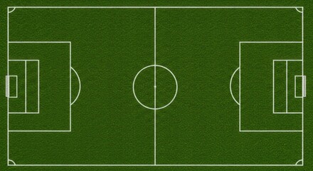 Obraz premium Aerial perspective of a football pitch diagram. Soccer field with white markings on green grass texture for sports concepts.