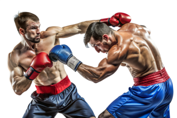 Two muscular boxers engaged in a fierce fight, isolated on transparent background, showcasing their strength, power, and determination in the boxing ring