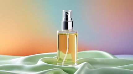 Naklejka premium Elegant Golden Perfume Bottle on Light Green Silk with Pastel Gradient Background – Luxury Fragrance Presentation for Beauty Branding, Cosmetic Advertising, and Stylish Product Display.