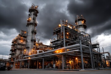 Fototapeta premium An expansive industrial facility is beautifully illuminated during nightfall