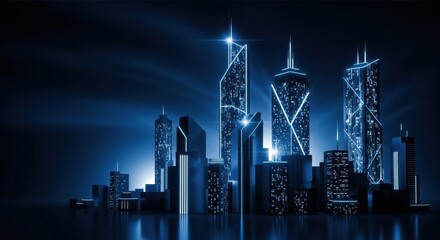 Obraz premium Futuristic Cityscape with Glowing Blue Lights and Modern Architecture