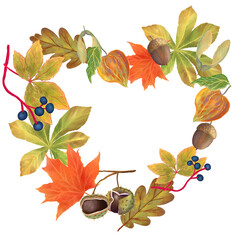 Bright autumn leaves and fruits heart shape frame illustration. Hand drawn fall clipart in watercolor style. Good for seasonal designs, harvest themes, Halloween, Thanksgiving.
