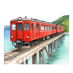 Obraz premium Red Train on Coastal Railway Bridge Watercolor Illustration