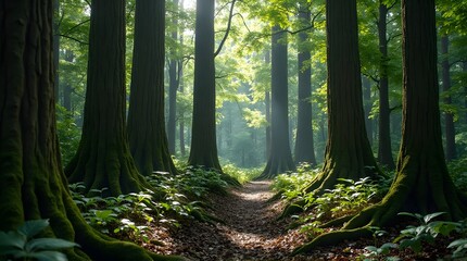 Sunlit Path Winding Through an Ancient Forest with Giant Mossy Trees