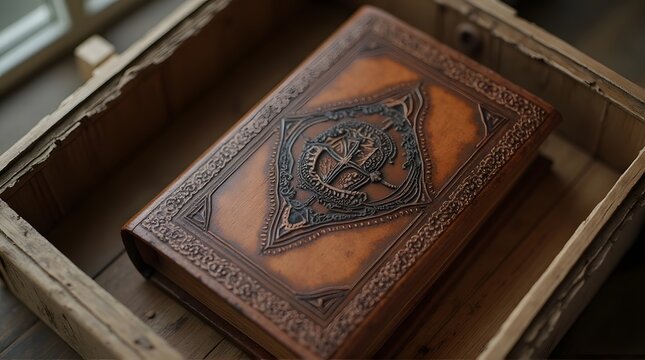 Ornate antique leather book with an embossed dragon symbol resting inside a rustic wooden box. - Powered by Adobe