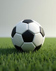 Fototapeta premium Classic black and white soccer ball resting on a lush green grass field, ready for the game.