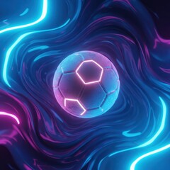 Fototapeta premium Futuristic neon soccer ball suspended in a swirling vortex of vibrant blue and pink energy.