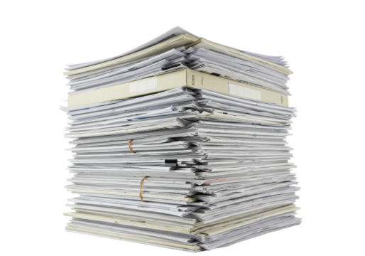 Towering stack of weighty cream, white, grey professional documents, papers, and notebooks with a paperclip, on transparent background. Concept of information overload