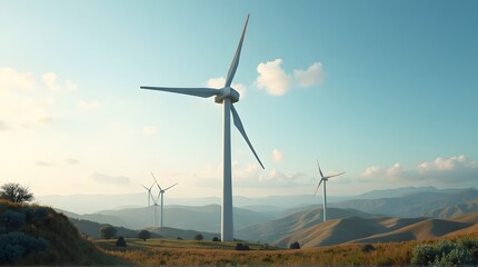 Large wind turbines generating renewable energy on a vast, hilly landscape during a beautiful sunrise.