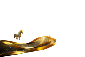 A golden horse figurine on a golden ribbon, isolated on transparent background, representing luxury, celebration, and festive elegance